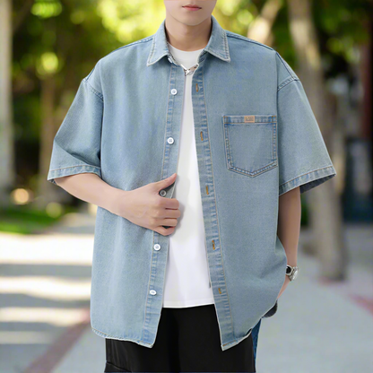 Men Shirts Men 's Over Size Washed Denim Short Sleeve Shirt ONFYMS250806D3E5-BLU-M 46 $ Coats Onetify Stew's Incense