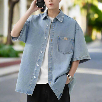 Men Shirts Men 's Over Size Washed Denim Short Sleeve Shirt ONFYMS250806D3E5-BLU-M 46 $ Coats Onetify Stew's Incense