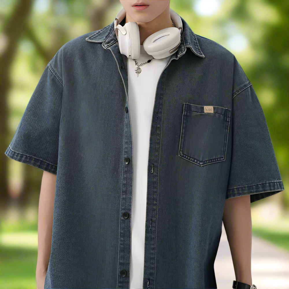 Men Shirts Men 's Over Size Washed Denim Short Sleeve Shirt ONFYMS250806D3E5-BLU-M 46 $ Coats Onetify Stew's Incense