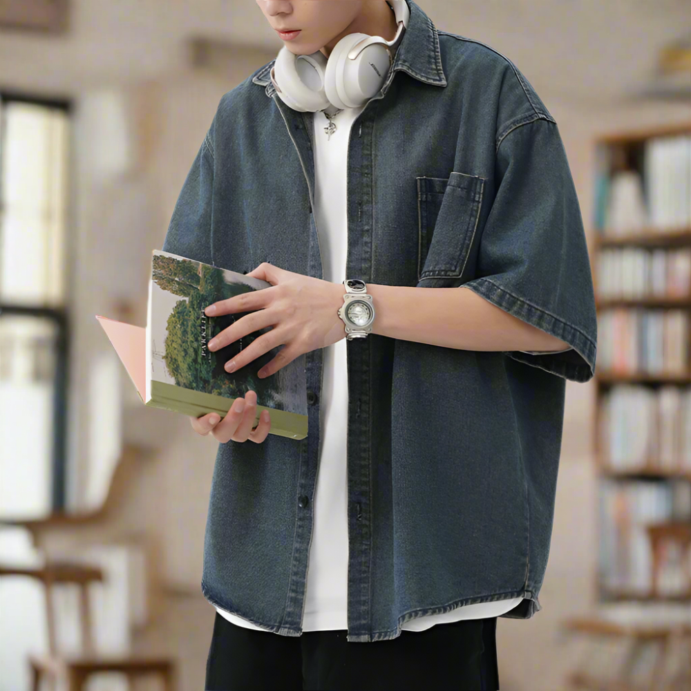 Men Shirts Men 's Over Size Washed Denim Short Sleeve Shirt ONFYMS250806D3E5-BLU-M 46 $ Coats Onetify Stew's Incense