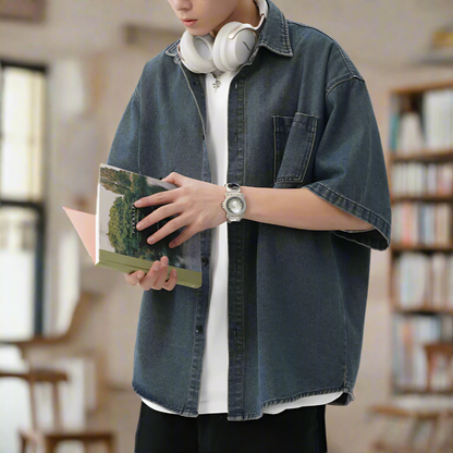 Men Shirts Men 's Over Size Washed Denim Short Sleeve Shirt ONFYMS250806D3E5-BLU-M 46 $ Coats Onetify Stew's Incense