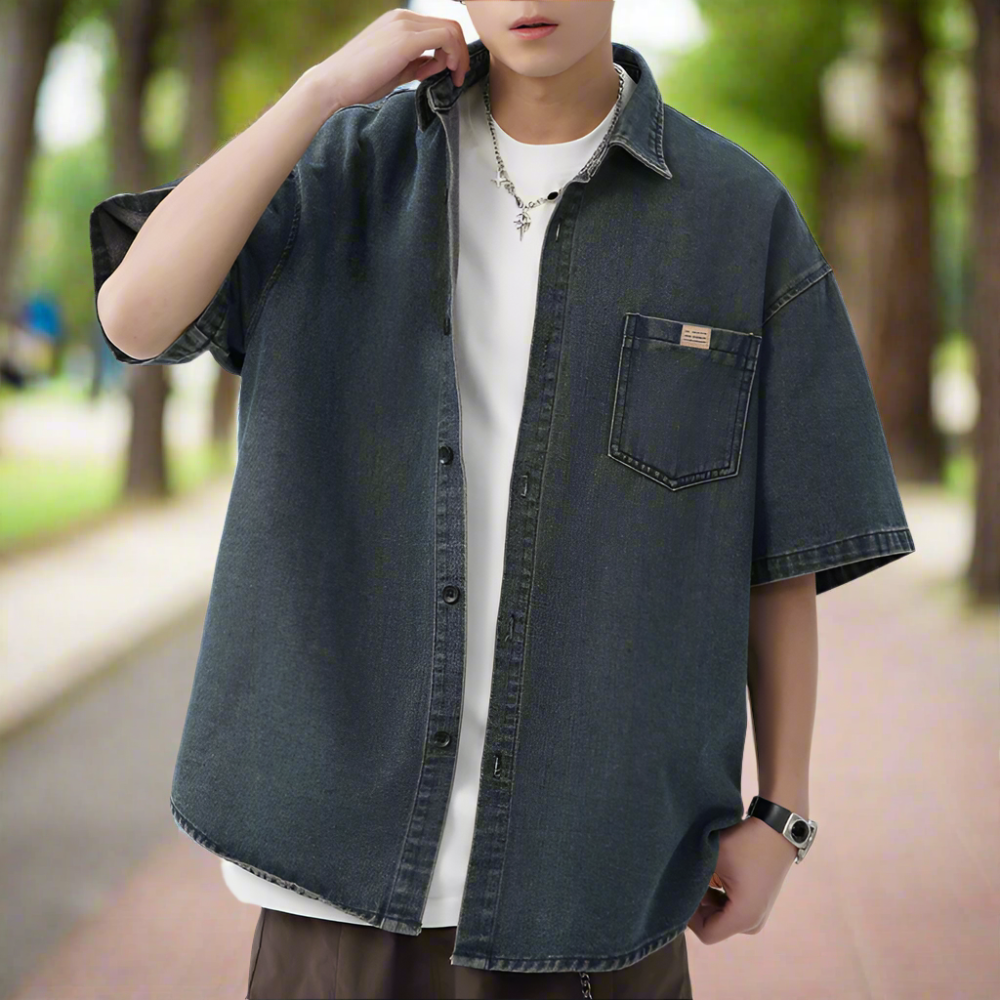 Men Shirts Men 's Over Size Washed Denim Short Sleeve Shirt ONFYMS250806D3E5-BLU-M 46 $ Coats Onetify Stew's Incense