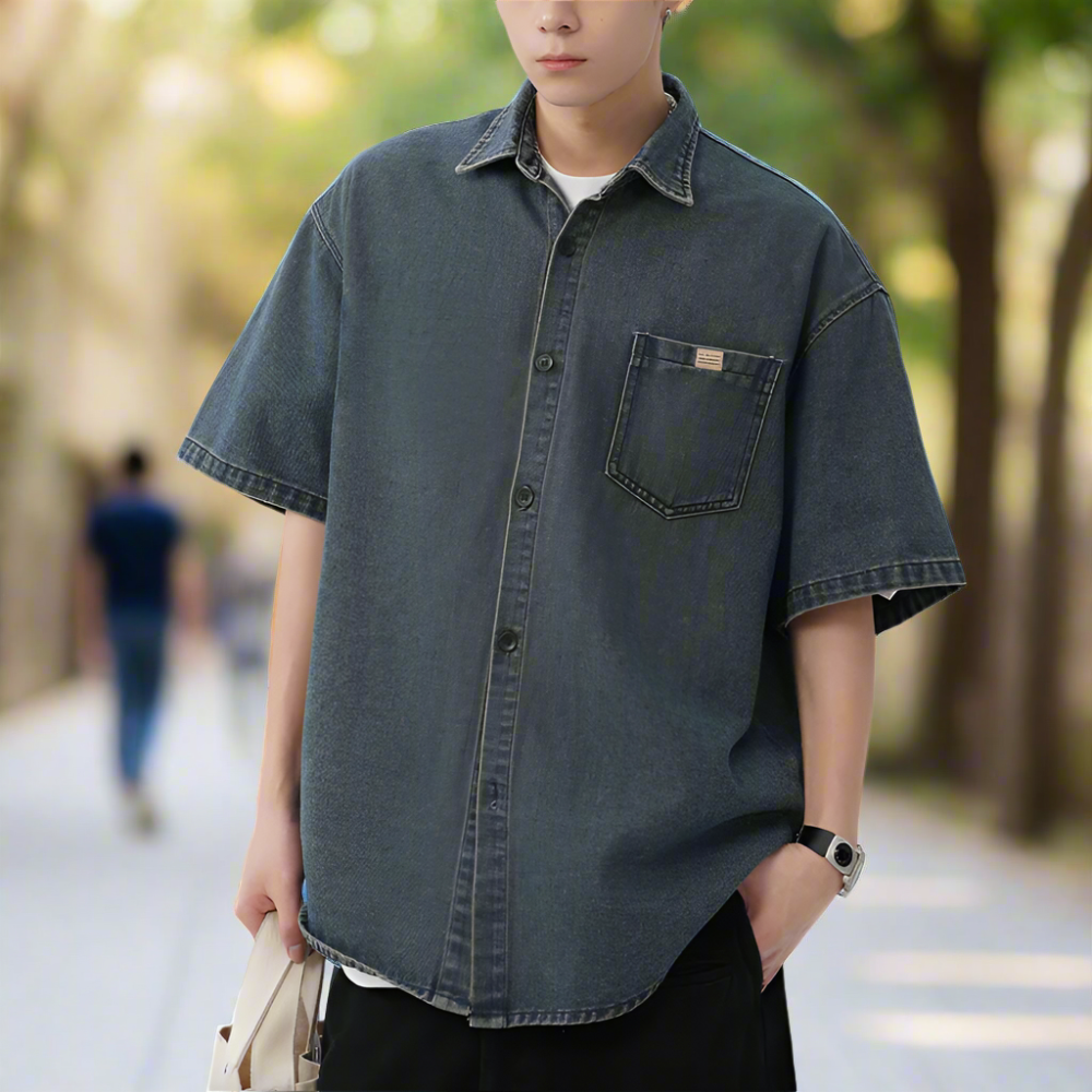 Men Shirts Men 's Over Size Washed Denim Short Sleeve Shirt ONFYMS250806D3E5-BLU-M 46 $ Coats Onetify Stew's Incense