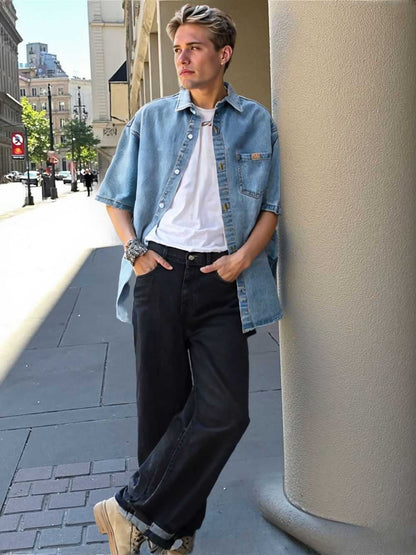 Men Shirts Men 's Over Size Washed Denim Short Sleeve Shirt ONFYMS250806D3E5-BLU-M 46 $ Coats Onetify Stew's Incense