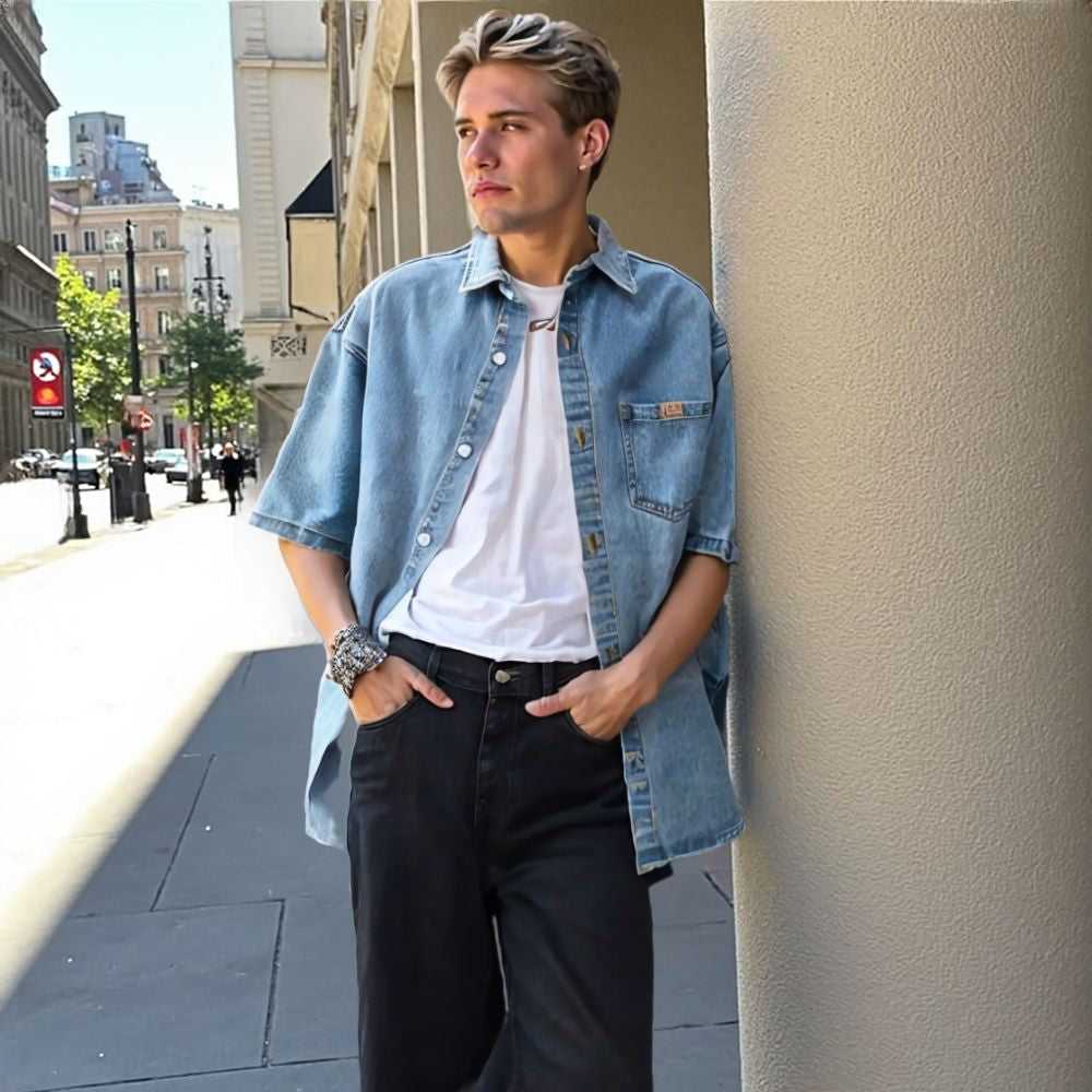 Men Shirts Men 's Over Size Washed Denim Short Sleeve Shirt ONFYMS250806D3E5-BLU-M 46 $ Coats Onetify Stew's Incense