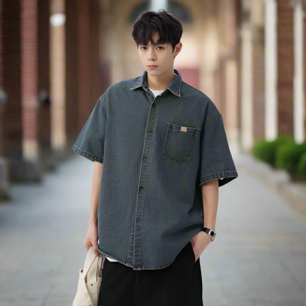 Men Shirts Men 's Over Size Washed Denim Short Sleeve Shirt ONFYMS250806D3E5-BLU-M 46 $ Coats Onetify Stew's Incense