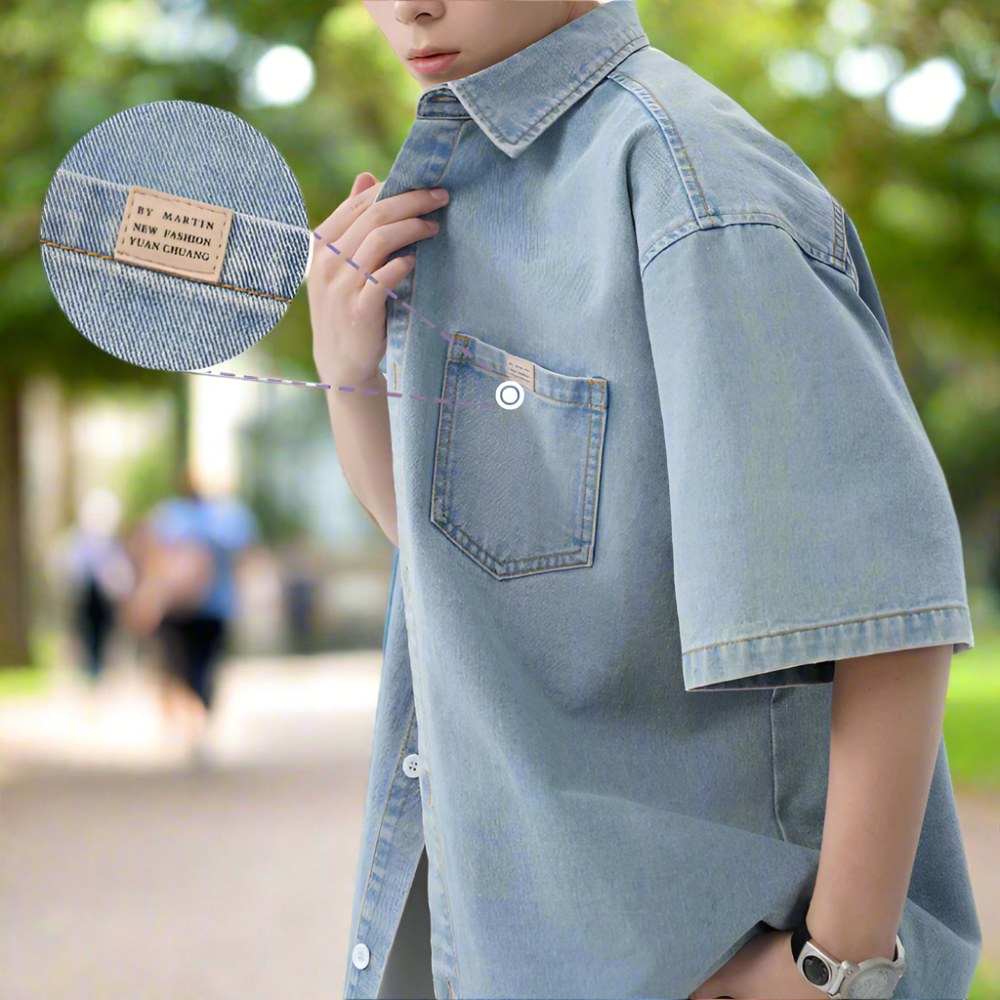 Men Shirts Men 's Over Size Washed Denim Short Sleeve Shirt ONFYMS250806D3E5-BLU-M 46 $ Coats Onetify Stew's Incense