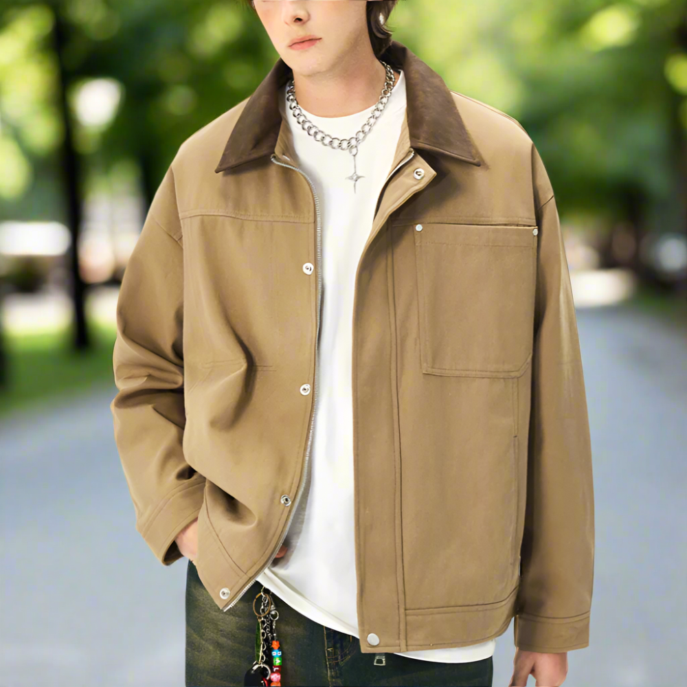 Men Jackets Mens Lapel Collar Bomber Jacket With Pockets ONFYMS250806H8J9-KHK-S 86 $ Coats Onetify Stew's Incense