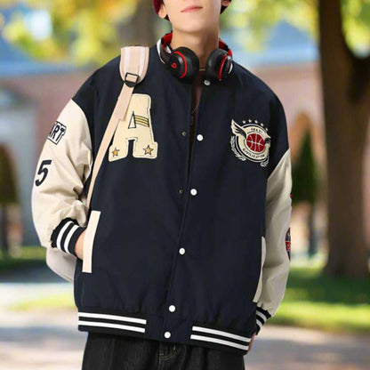 Men Jackets Mens Oversize Two Tone Embroidery Patch Baseball Jacket ONFYMS250806P5Q6-NVY-S 86 $ Coats Onetify Stew's Incense