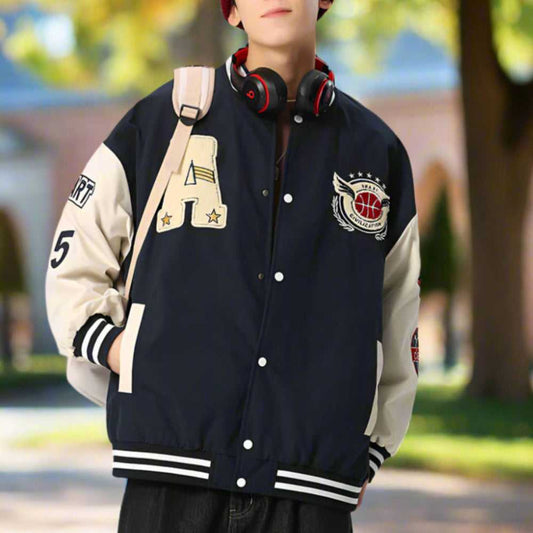 Men Jackets Mens Oversize Two Tone Embroidery Patch Baseball Jacket ONFYMS250806P5Q6-NVY-S 86 $ Coats Onetify Stew's Incense
