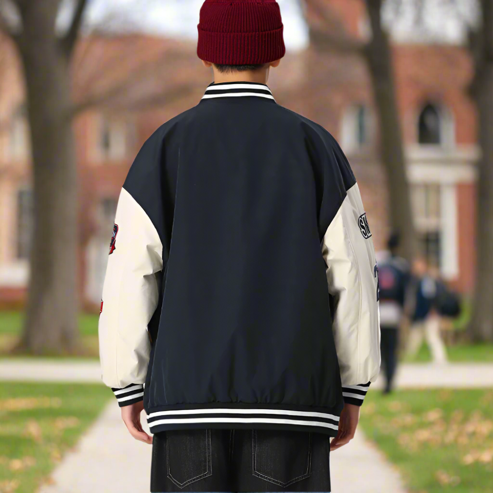 Men Jackets Mens Oversize Two Tone Embroidery Patch Baseball Jacket ONFYMS250806P5Q6-NVY-S 86 $ Coats Onetify Stew's Incense