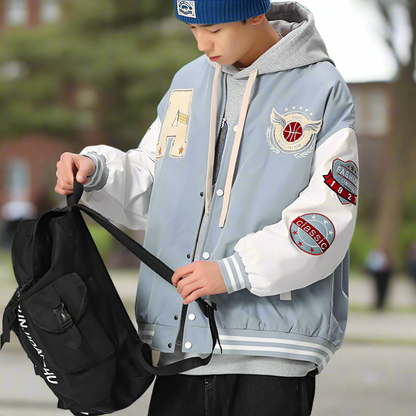 Men Jackets Mens Oversize Two Tone Embroidery Patch Baseball Jacket ONFYMS250806P5Q6-NVY-S 86 $ Coats Onetify Stew's Incense