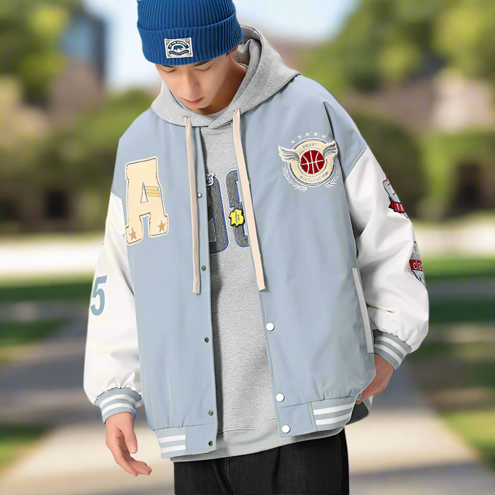 Men Jackets Mens Oversize Two Tone Embroidery Patch Baseball Jacket ONFYMS250806P5Q6-NVY-S 86 $ Coats Onetify Stew's Incense