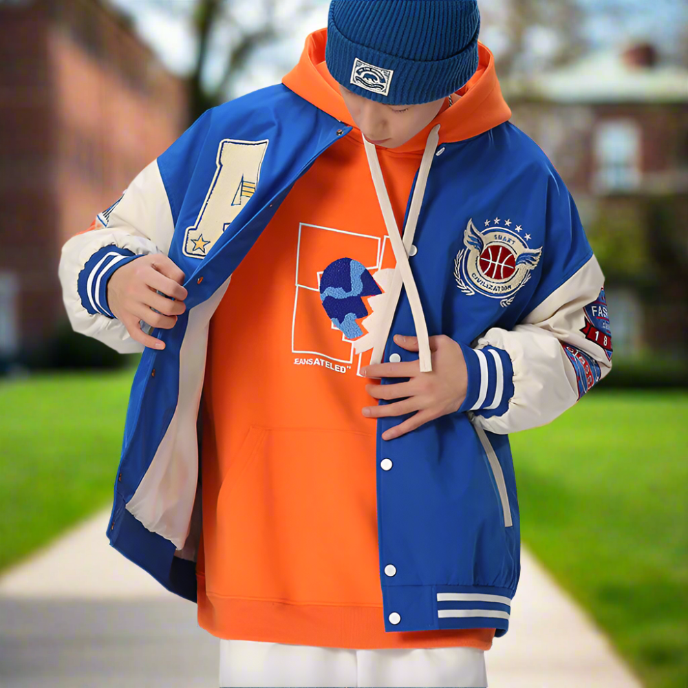Men Jackets Mens Oversize Two Tone Embroidery Patch Baseball Jacket ONFYMS250806P5Q6-NVY-S 86 $ Coats Onetify Stew's Incense