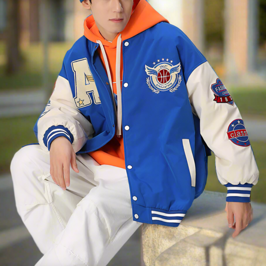 Men Jackets Mens Oversize Two Tone Embroidery Patch Baseball Jacket ONFYMS250806P5Q6-NVY-S 86 $ Coats Onetify Stew's Incense