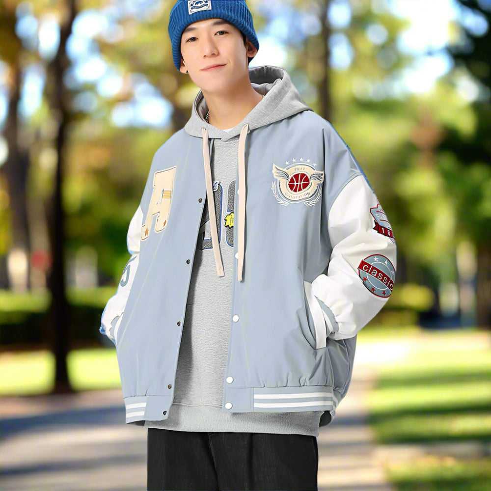 Men Jackets Mens Oversize Two Tone Embroidery Patch Baseball Jacket ONFYMS250806P5Q6-NVY-S 86 $ Coats Onetify Stew's Incense