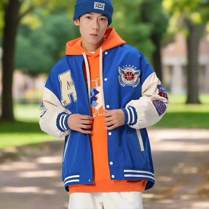 Men Jackets Mens Oversize Two Tone Embroidery Patch Baseball Jacket ONFYMS250806P5Q6-NVY-S 86 $ Coats Onetify Stew's Incense