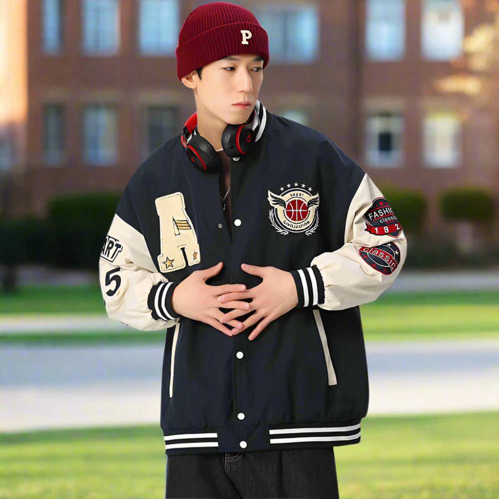 Men Jackets Mens Oversize Two Tone Embroidery Patch Baseball Jacket ONFYMS250806P5Q6-NVY-S 86 $ Coats Onetify Stew's Incense