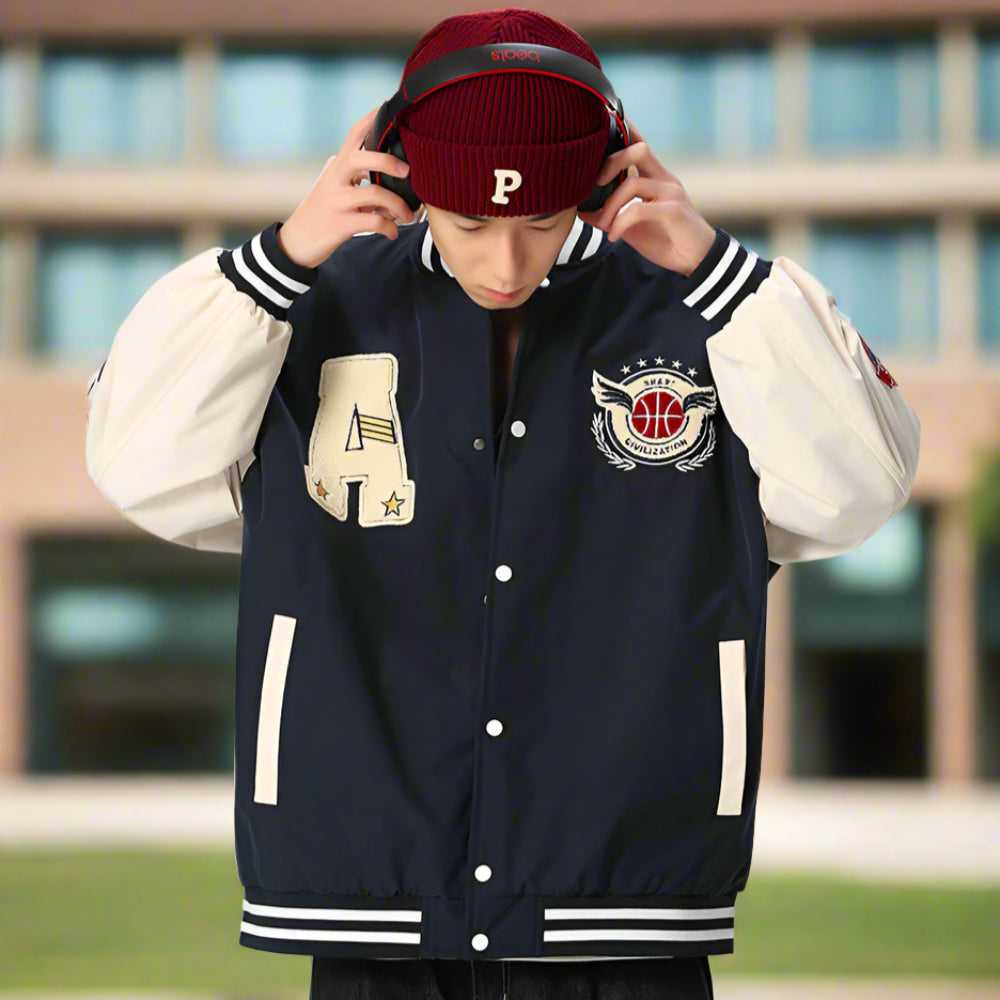 Men Jackets Mens Oversize Two Tone Embroidery Patch Baseball Jacket ONFYMS250806P5Q6-NVY-S 86 $ Coats Onetify Stew's Incense
