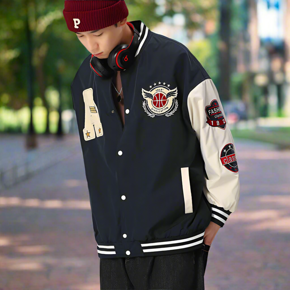 Men Jackets Mens Oversize Two Tone Embroidery Patch Baseball Jacket ONFYMS250806P5Q6-NVY-S 86 $ Coats Onetify Stew's Incense