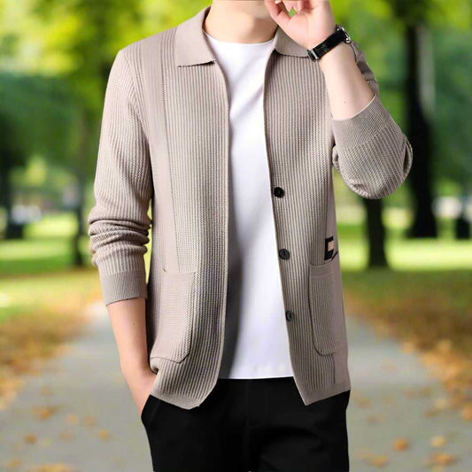 Mens Cardigan and Sweater Mens Lapel Collar Knit Cardigan With Pockets ONFYMS250808G3H2-BGE-XS 69 $ Coats Onetify Stew's Incense