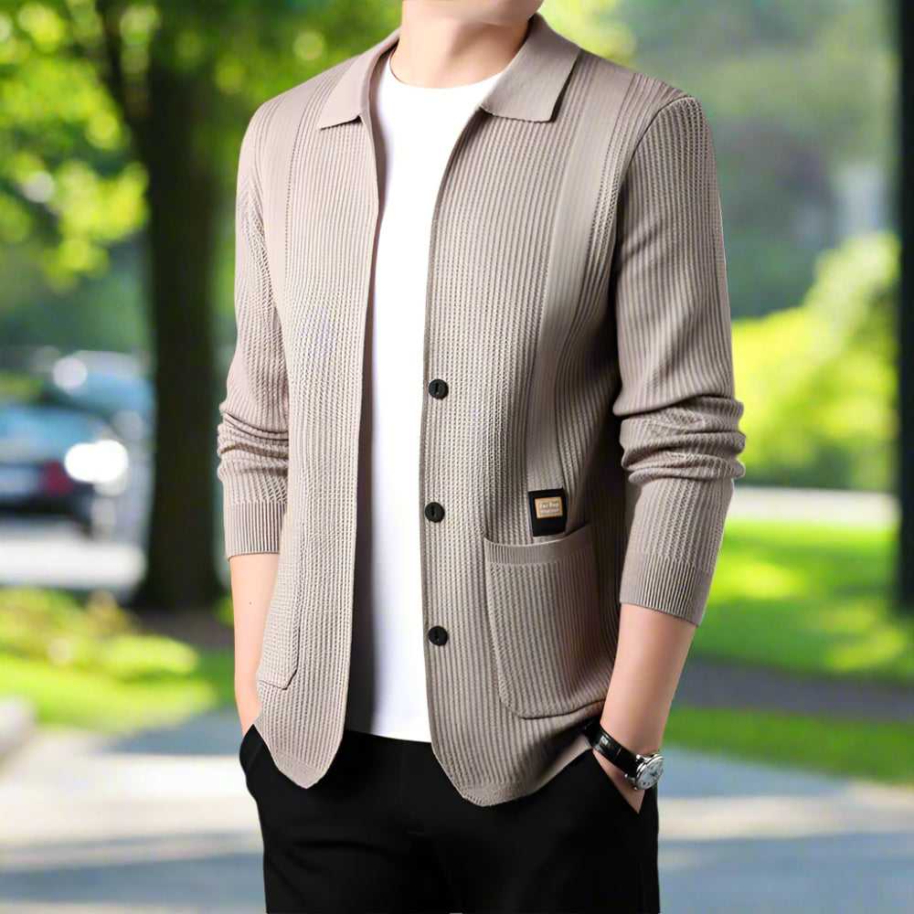 Mens Cardigan and Sweater Mens Lapel Collar Knit Cardigan With Pockets ONFYMS250808G3H2-BGE-XS 69 $ Coats Onetify Stew's Incense