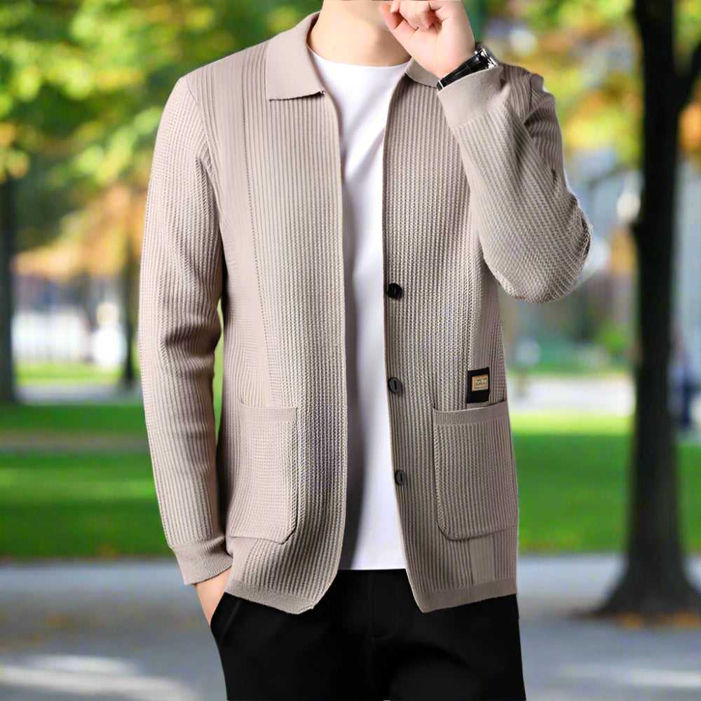 Mens Cardigan and Sweater Mens Lapel Collar Knit Cardigan With Pockets ONFYMS250808G3H2-BGE-XS 69 $ Coats Onetify Stew's Incense