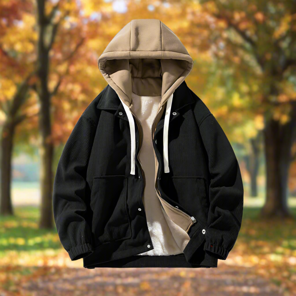 Men Jackets Mens Layered Look Hooded Corduroy Jacket With Faux Fur Lining ONFYMS250901A9B8-BLK-M 99 $ Coats Onetify Stew's Incense