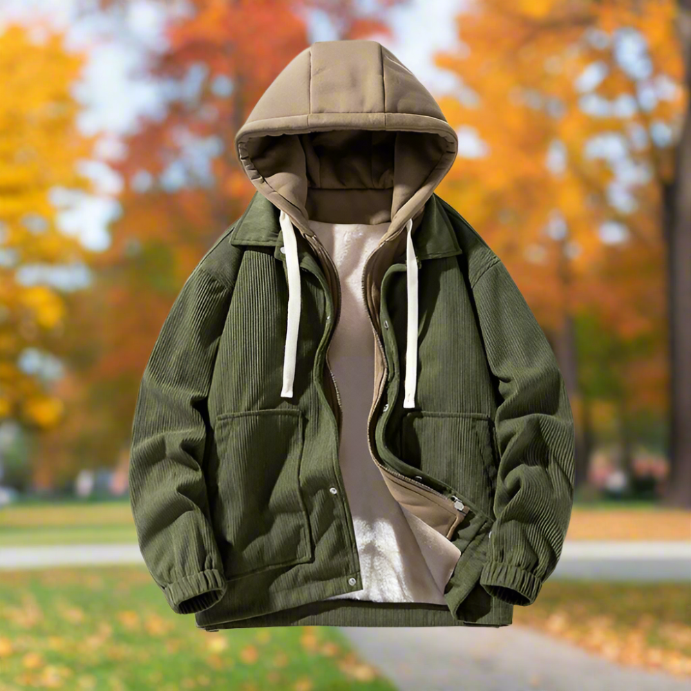 Men Jackets Mens Layered Look Hooded Corduroy Jacket With Faux Fur Lining ONFYMS250901A9B8-BLK-M 99 $ Coats Onetify Stew's Incense