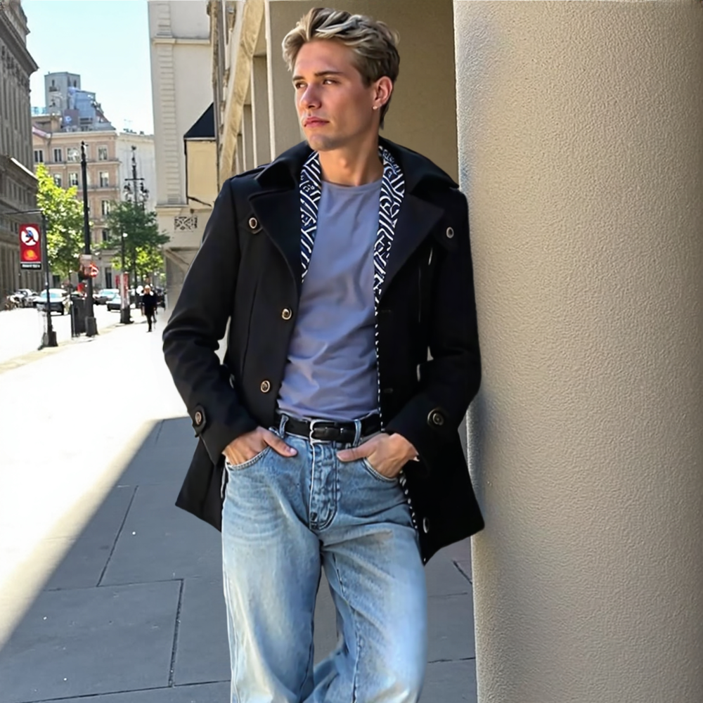 Men Coats Mens Layered Collar Button Front Mid Length Coat OPMC1020C3-NVY-S 146 $ Coats Onetify Stew's Incense