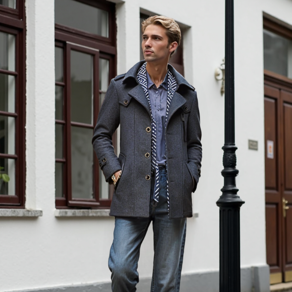 Men Coats Mens Layered Collar Button Front Mid Length Coat OPMC1020C3-NVY-S 146 $ Coats Onetify Stew's Incense
