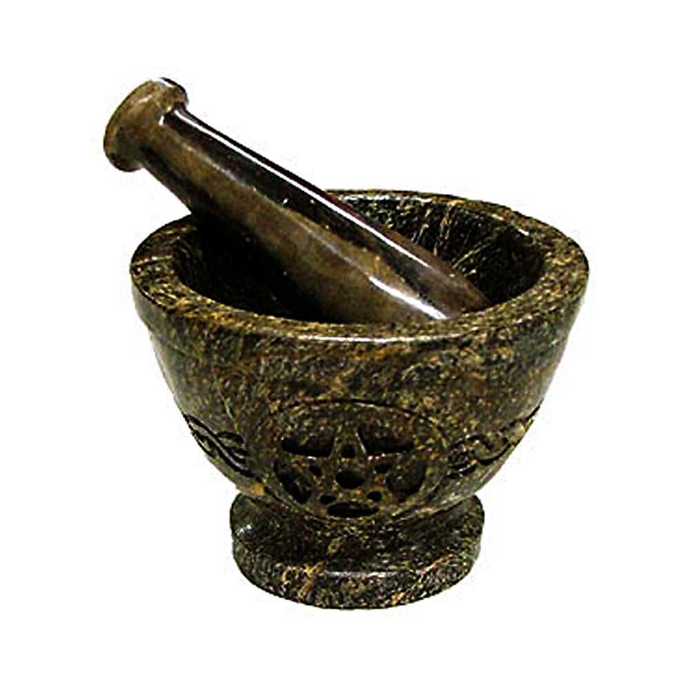 Mortar & Pestle Mortar & Pestle - Soapstone Pentagram 3" x 4" MP-14 12 $ The Witches Sage LLC Stew's Incense
