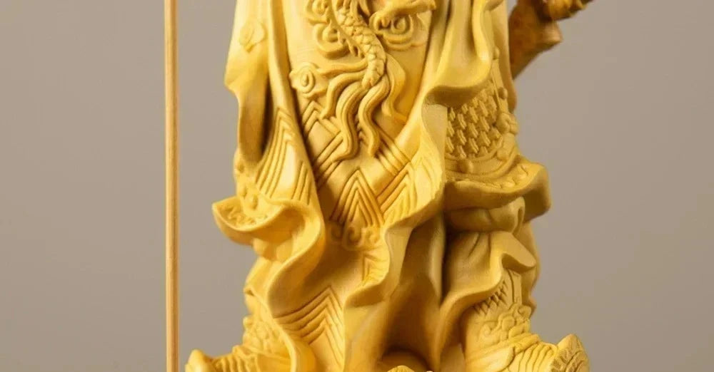 Boxwood God of Wealth Tv Characters Statue Five Banners Guan Yu Home Living Room Sculptures Decor
