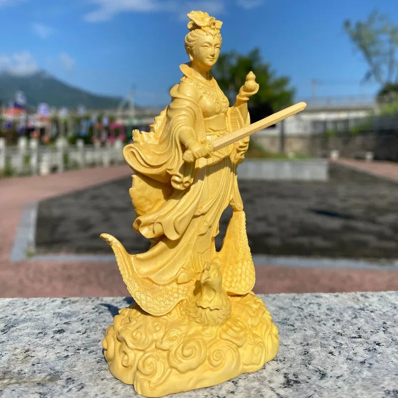 Hand-Carved Boxwood Nine Heavens Goddess Statue – Jiutian Xuannü Riding Phoenix, Chinese Taoist Deity Figurine for Home Altar