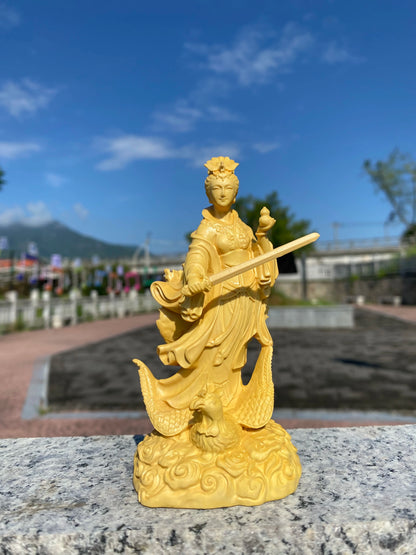 Hand-Carved Boxwood Nine Heavens Goddess Statue – Jiutian Xuannü Riding Phoenix, Chinese Taoist Deity Figurine for Home Altar