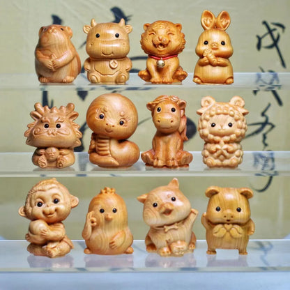 12 Zodiac Wood Carving Set - Rat Cow Tiger Rabbit Dragon Snake Horse Sheep Monkey Chicken Dog Pig Animal Figurines Handmade Gif