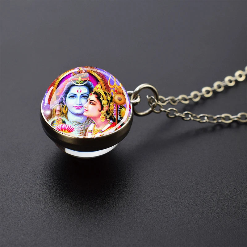 Hinduism Pendants Necklaces for Women Men Ganesha Shiva God Amulet Double Side Glass Ball Pendant India Buddhism Jewelry Gift