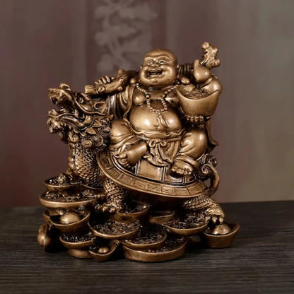 Resin God of Wealth Laughing Buddha Statue，Modern Art Sculpture，Chinese Home Feng Shui Dragon Turtle Decoration Figurines Statue