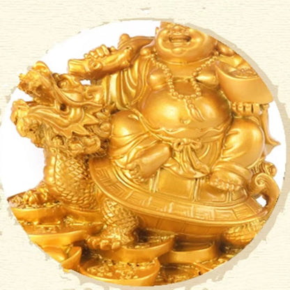 Resin God of Wealth Laughing Buddha Statue，Modern Art Sculpture，Chinese Home Feng Shui Dragon Turtle Decoration Figurines Statue
