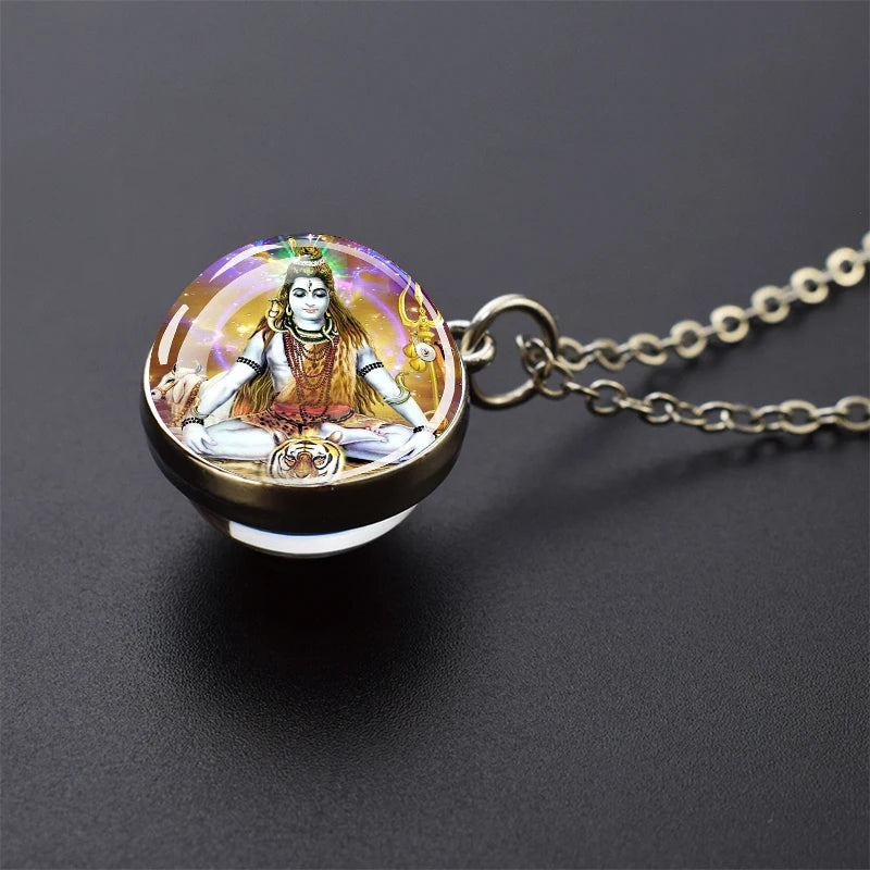 Hinduism Pendants Necklaces for Women Men Ganesha Shiva God Amulet Double Side Glass Ball Pendant India Buddhism Jewelry Gift