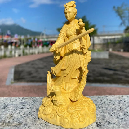 Hand-Carved Boxwood Nine Heavens Goddess Statue – Jiutian Xuannü Riding Phoenix, Chinese Taoist Deity Figurine for Home Altar