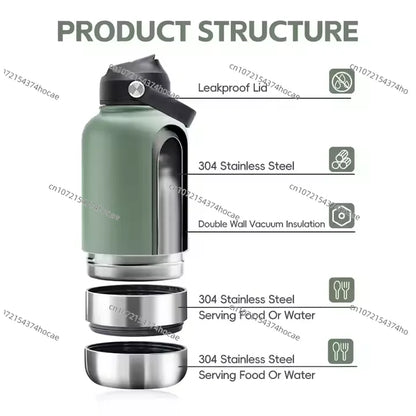 32 oz Portable Stainless Steel Pet Feeder 3-in-1 Style Outdoor Travel Bowl with Insulated Dog Water Bottle