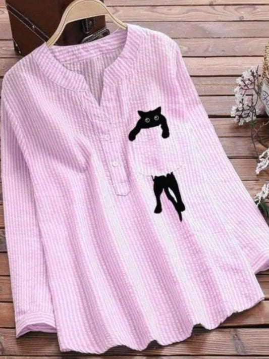2025 Summer Womens New Arrival Buttons Blouse Tops Solid Color Cute Cat Print Blouses Casual Loose Long Sleeve Shirt Streetwear