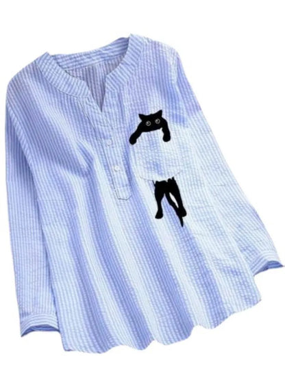 2025 Summer Womens New Arrival Buttons Blouse Tops Solid Color Cute Cat Print Blouses Casual Loose Long Sleeve Shirt Streetwear