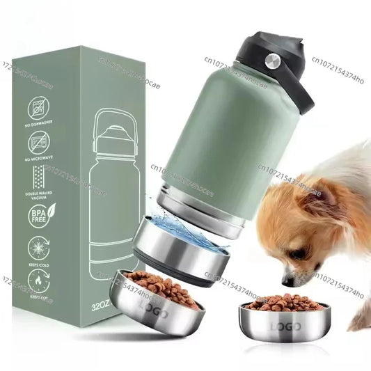 32 oz Portable Stainless Steel Pet Feeder 3-in-1 Style Outdoor Travel Bowl with Insulated Dog Water Bottle