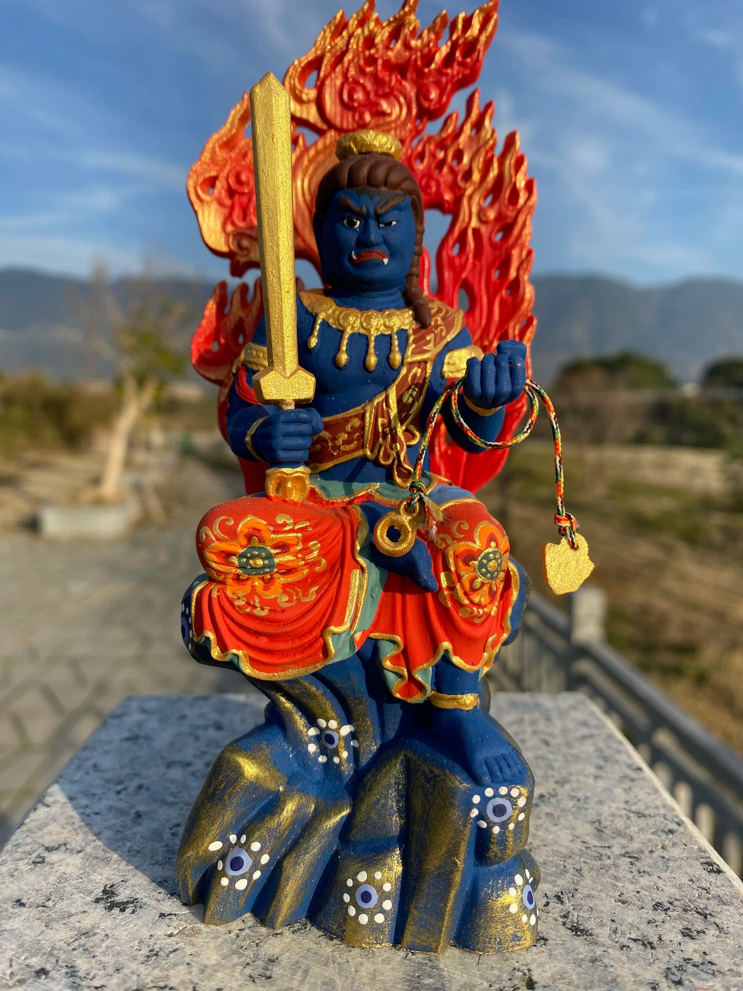 Hand Painted Gilded Fudo Myoo Acalanatha Statue Sculpture Buddhist Wrathful Deity Figurine Ornament for Home Temple Altar Decor