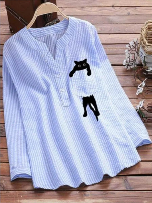 2025 Summer Womens New Arrival Buttons Blouse Tops Solid Color Cute Cat Print Blouses Casual Loose Long Sleeve Shirt Streetwear
