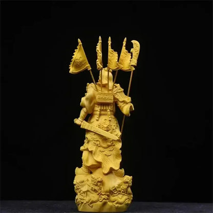 Boxwood God of Wealth Tv Characters Statue Five Banners Guan Yu Home Living Room Sculptures Decor