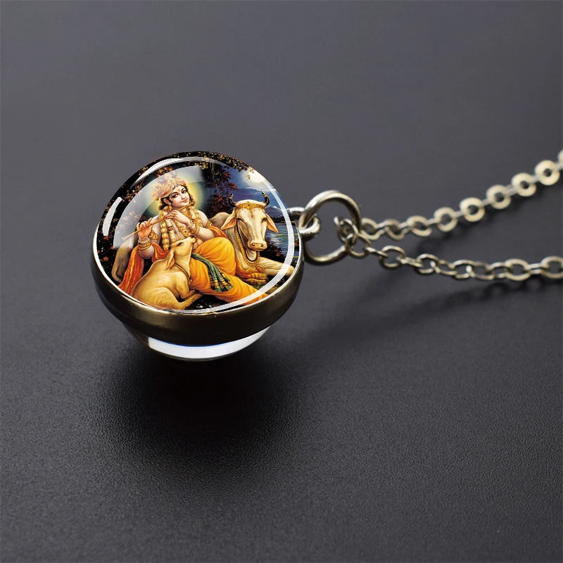 Hinduism Pendants Necklaces for Women Men Ganesha Shiva God Amulet Double Side Glass Ball Pendant India Buddhism Jewelry Gift