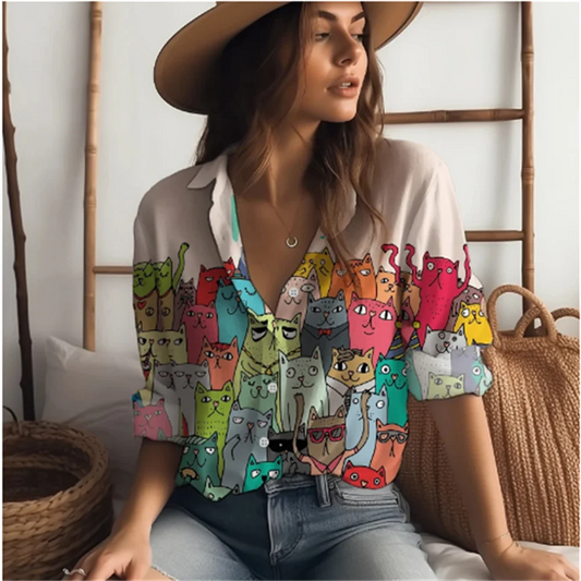 2025 new women's shirts many cats 3D digital printing four-sided stretch fabric fashion trend women's tops shirts